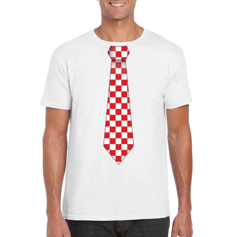 Wit t-shirt met geblokte Brabant stropdas voor heren
