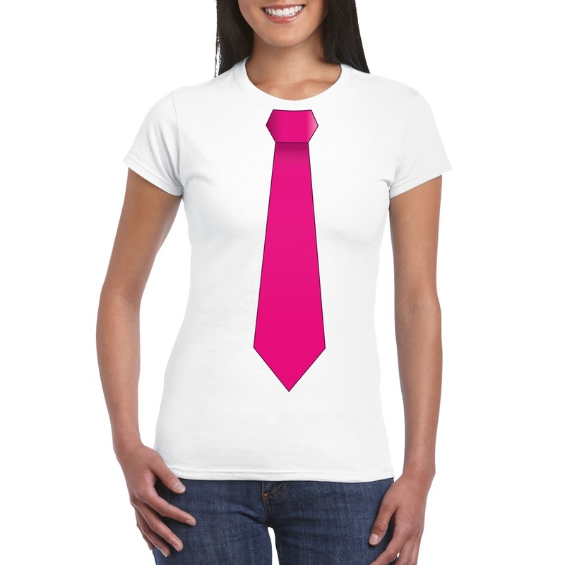 Wit t-shirt met roze stropdas dames