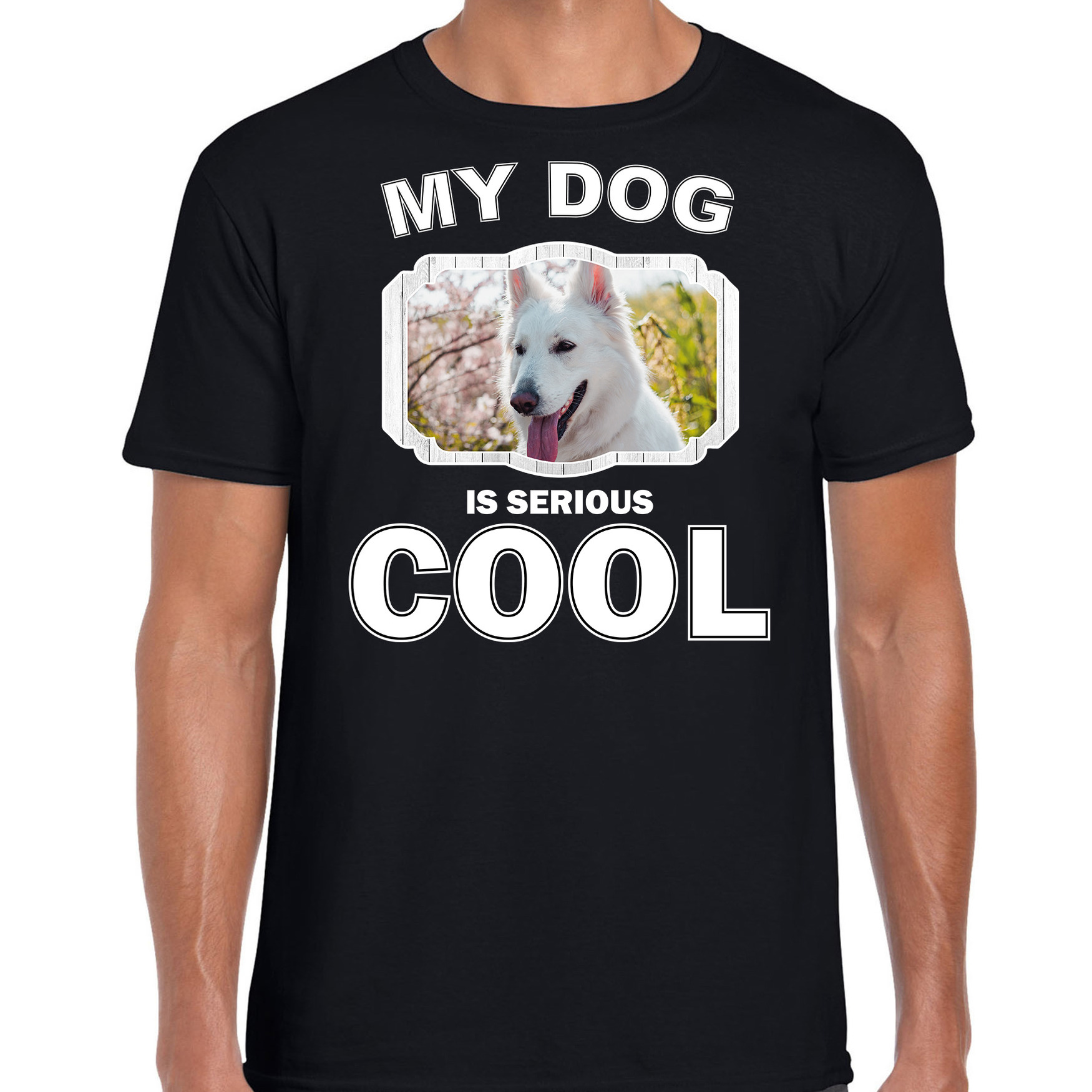 Witte herder honden t-shirt my dog is serious cool zwart voor heren