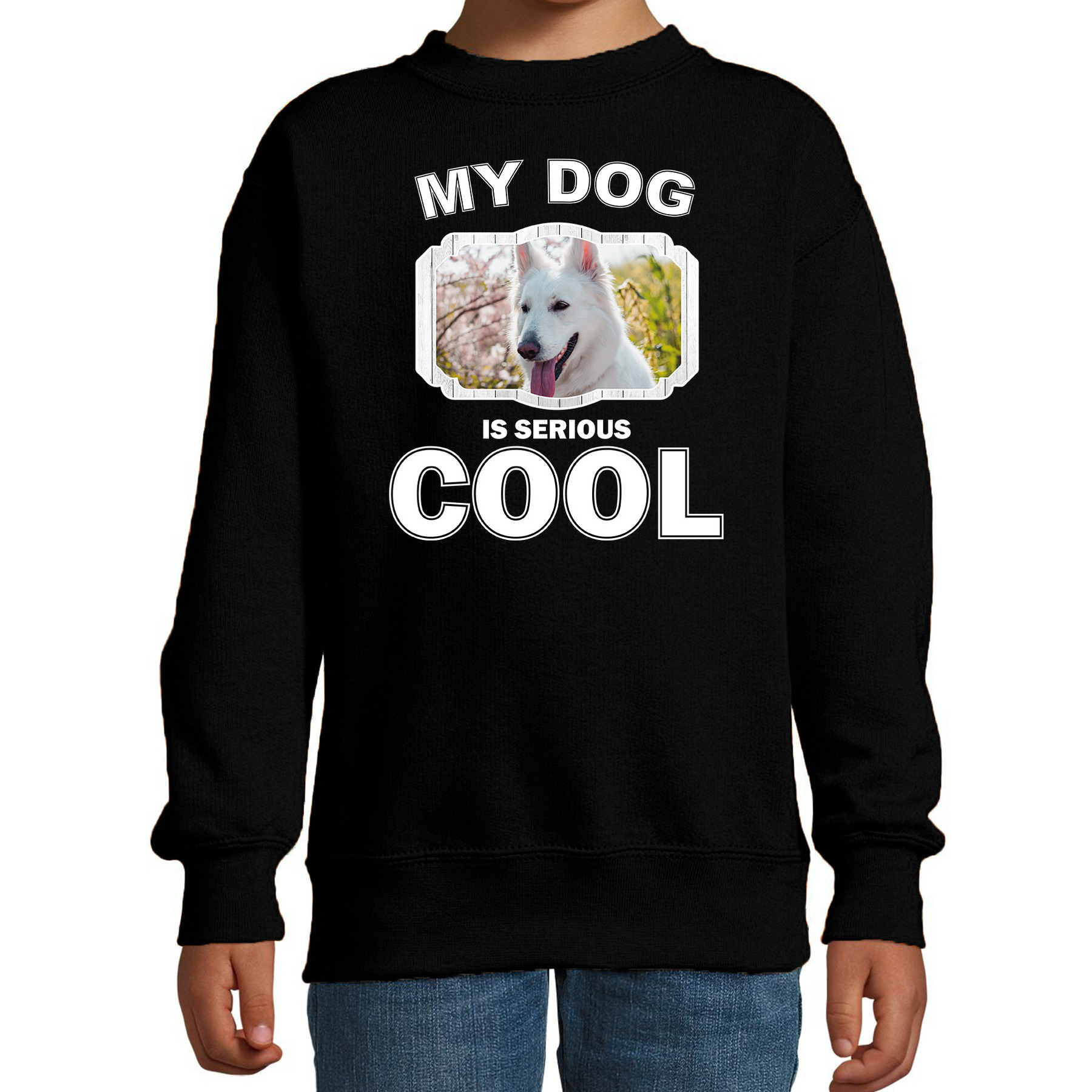 Witte herder honden trui-sweater my dog is serious cool zwart voor kinderen