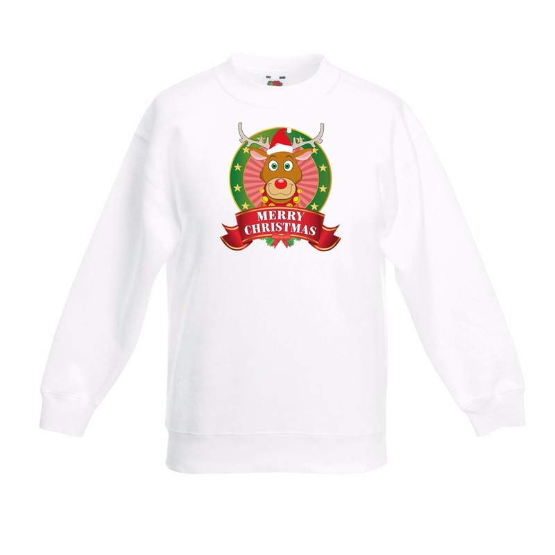 Witte Kerst sweater - Kersttrui kinderen met rendier Rudolf