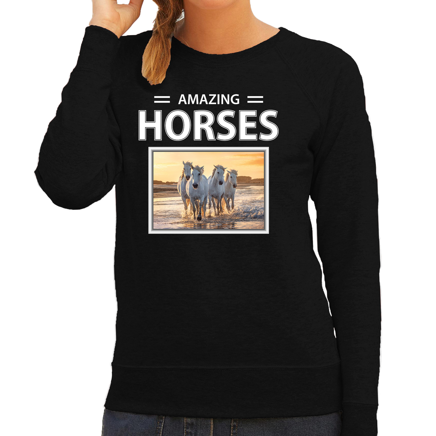 Witte paarden sweater - trui met dieren foto amazing horses zwart voor dames