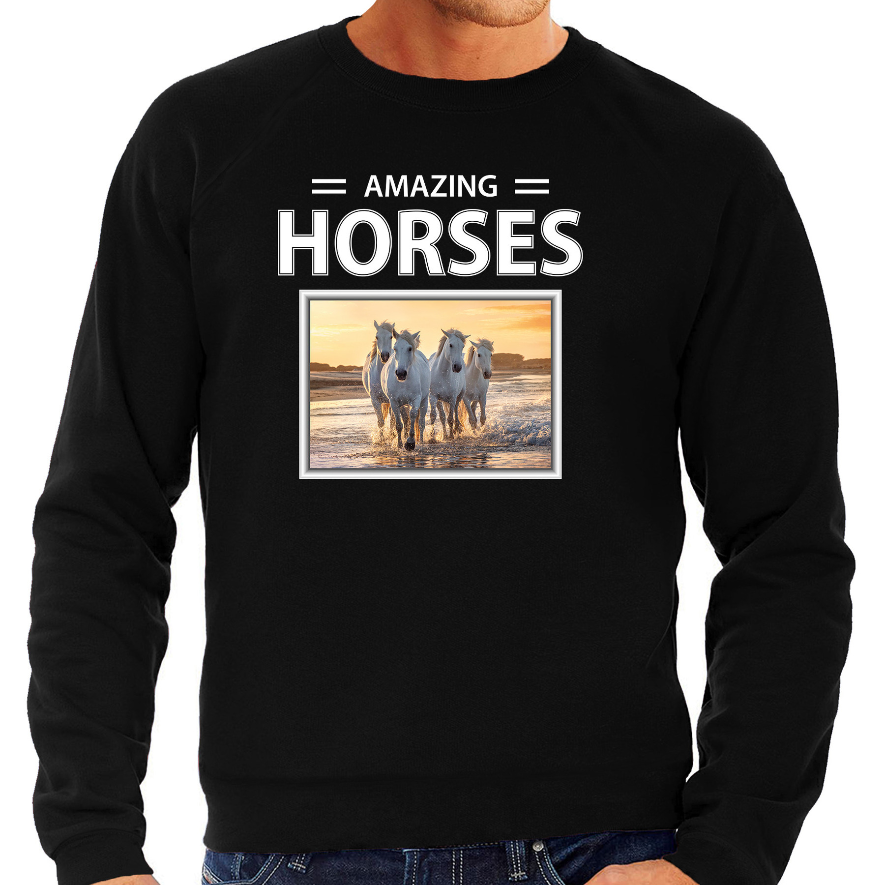 Witte paarden sweater - trui met dieren foto amazing horses zwart voor heren