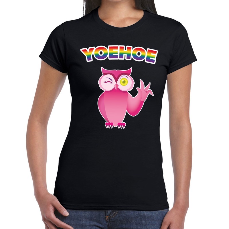 Yoehoe gay pride knipogende roze uil t-shirt zwart voor dames