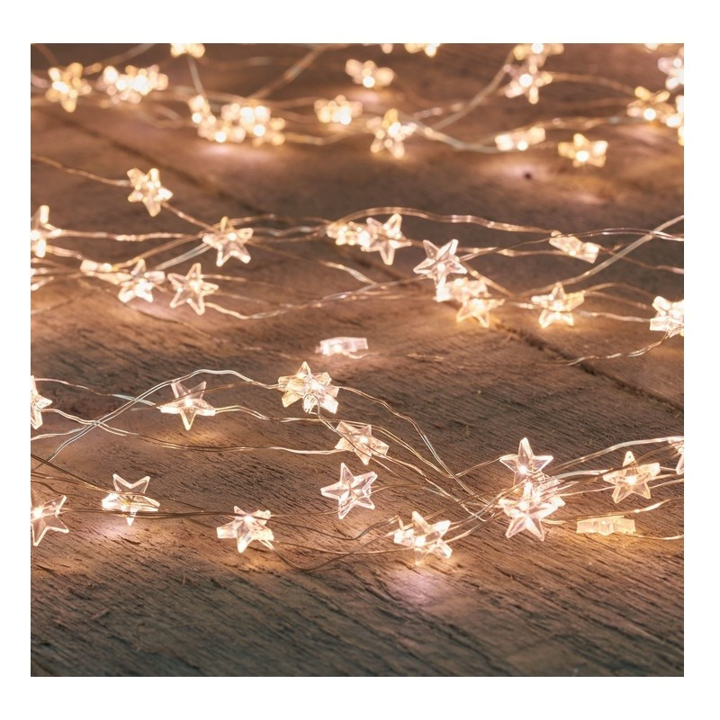 Zilveren kerstverlichting sterren met timer warm wit 1 meter