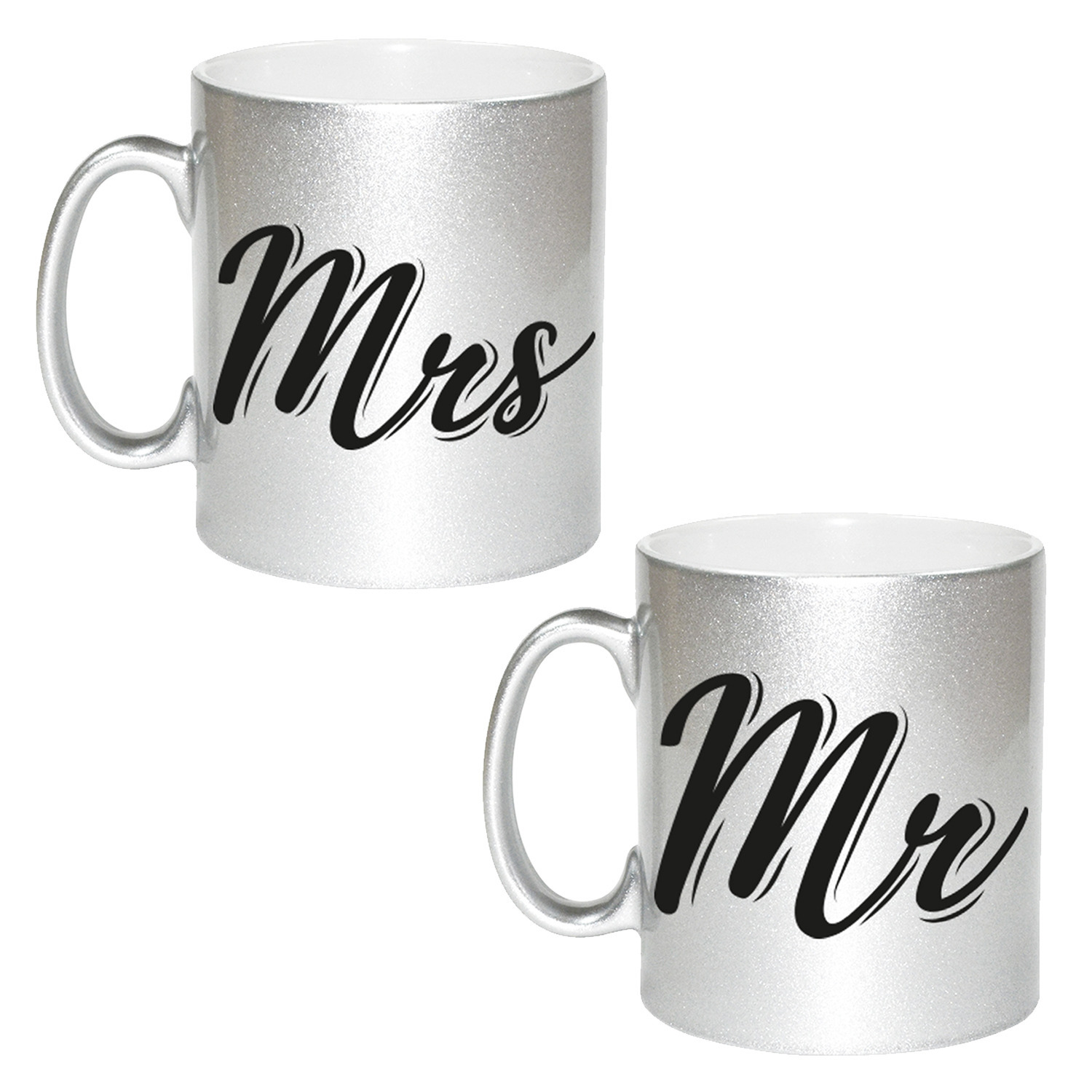 Zilveren Mr en Mrs cadeau mok-beker voor koppels 330 ml