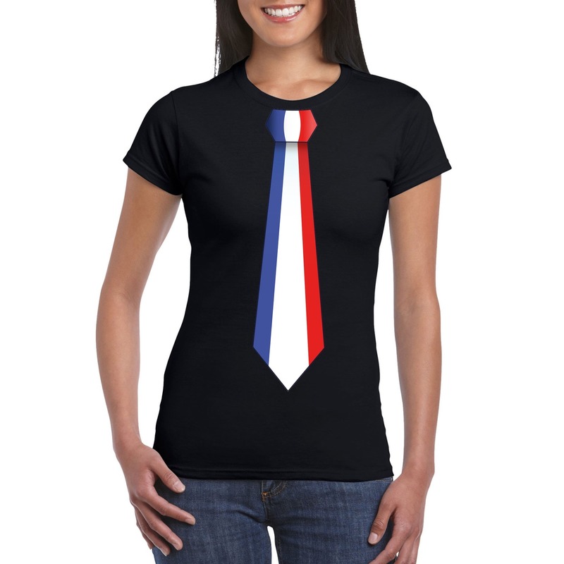 Zwart t-shirt met Frankrijk vlag stropdas dames