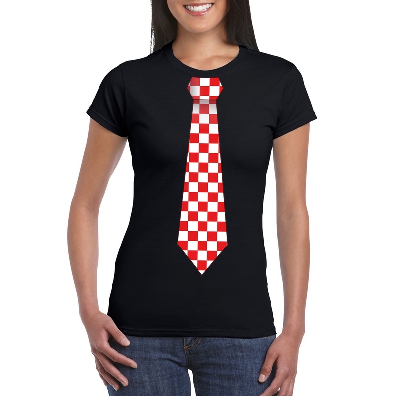 Zwart t-shirt met geblokte Brabant stropdas voor dames
