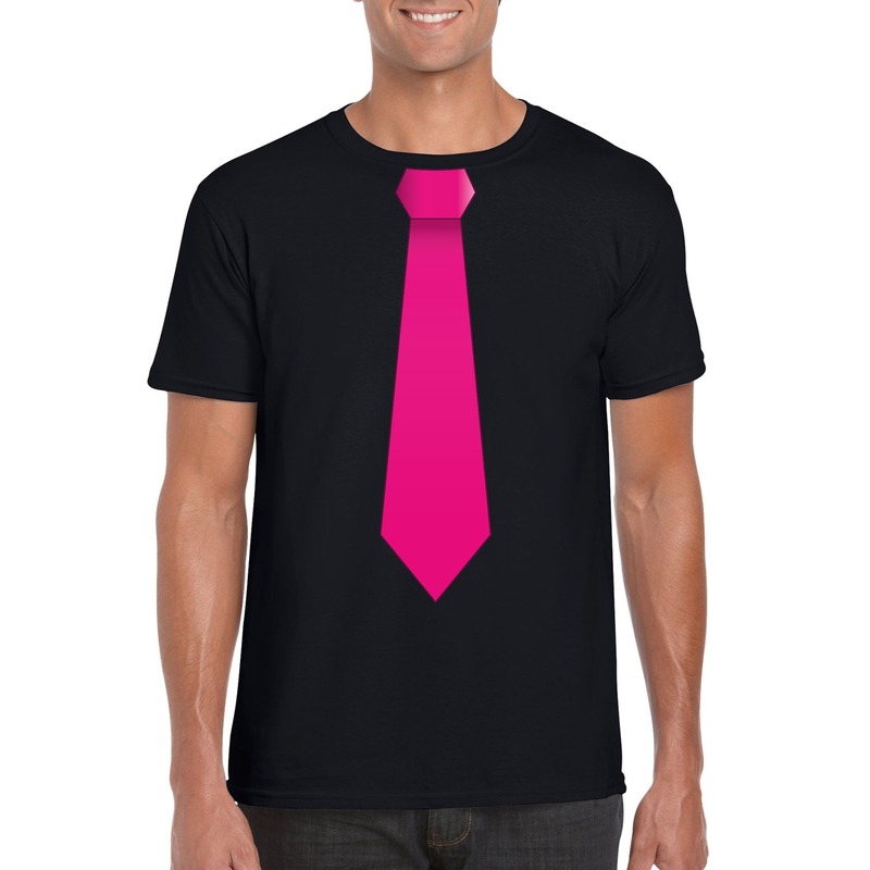 Zwart t-shirt met roze stropdas heren