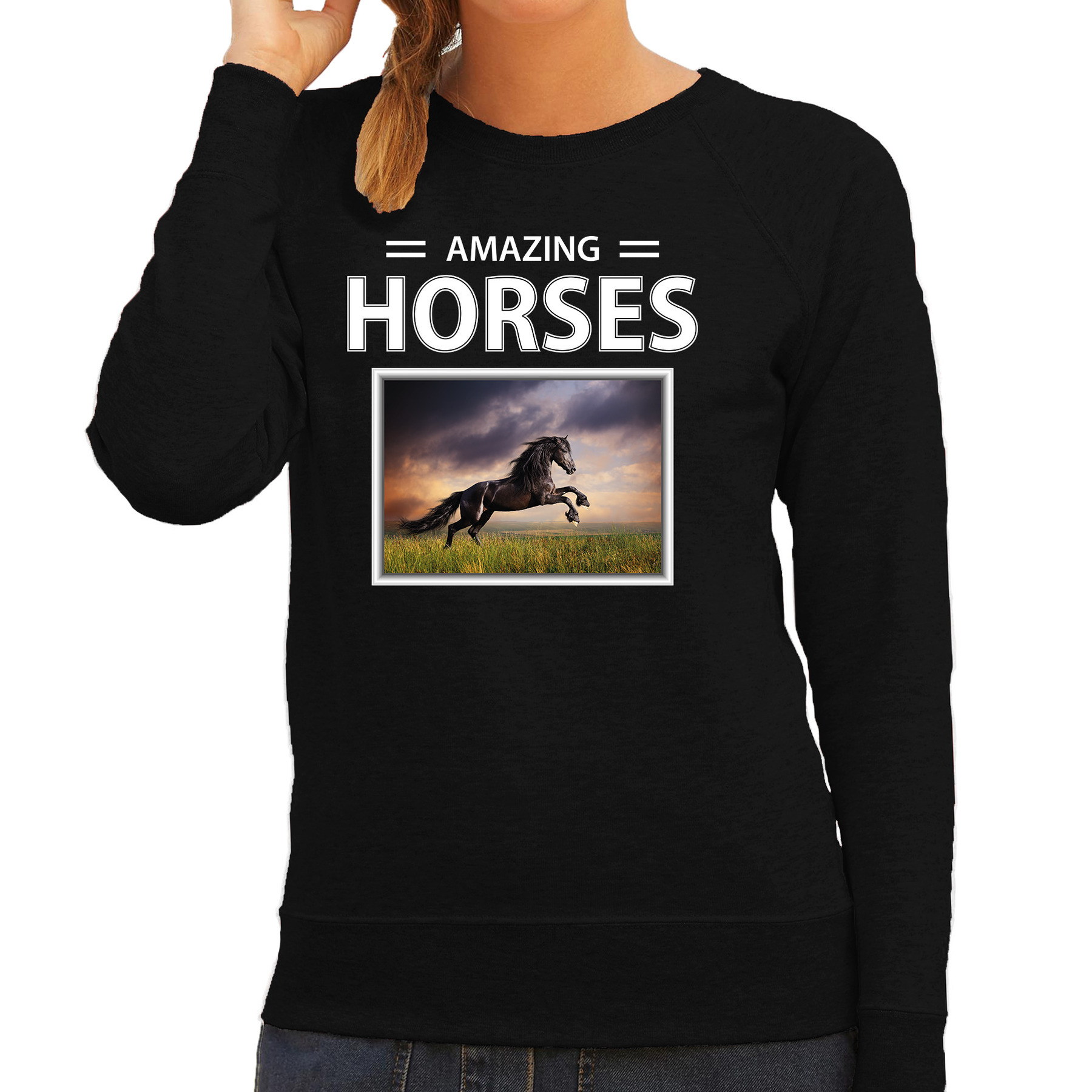 Zwarte paarden sweater - trui met dieren foto amazing horses zwart voor dames