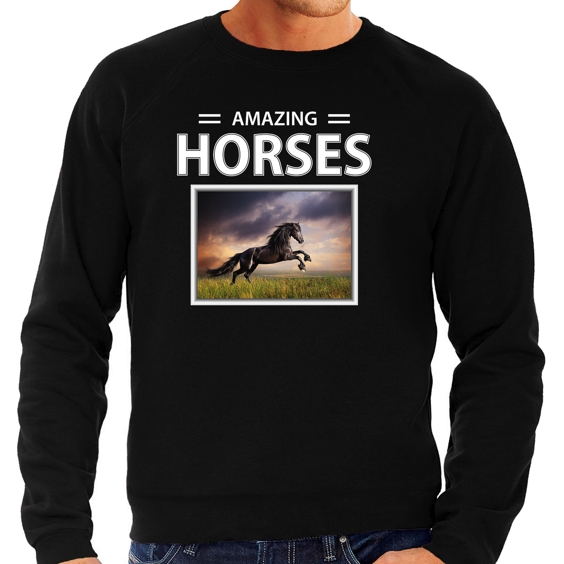 Zwarte paarden sweater - trui met dieren foto amazing horses zwart voor heren