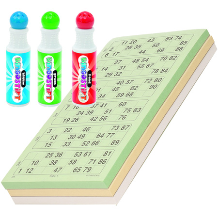 100x Bingokaarten nummers 1-90 inclusief 3x bingostiften