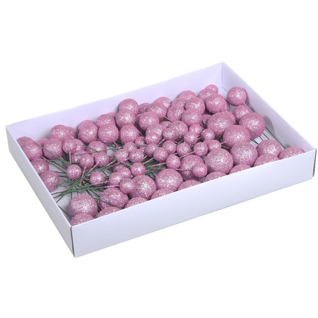 100x Pink glitter mini baubles on wires 2/3/4 cm plastic