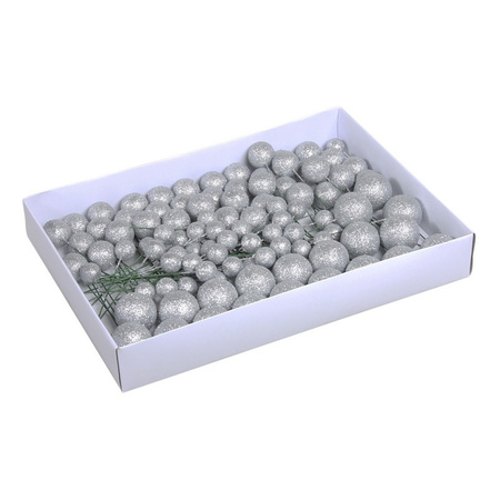 100x Silver glitter mini baubles on wires 2/3/4 cm plastic
