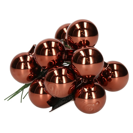10x Mahogany brown glass mini baubles on wires 2,5 cm shiny