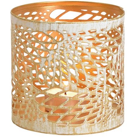1x Metal Tealights/candle holders white/gold abstract wings pattern 11 cm