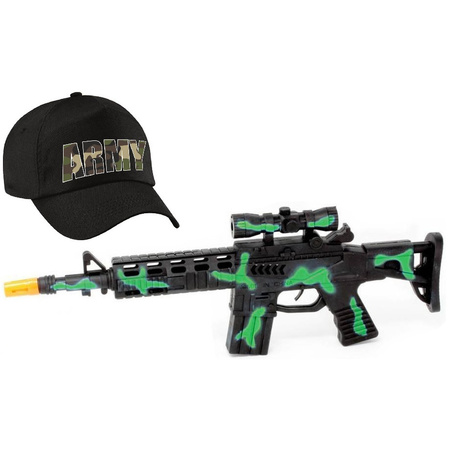 2-Delig speelgoed verkleedaccessoires set leger/soldaten voor kinderen met groen machinegeweer