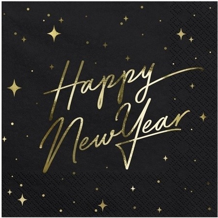 20x Nieuwjaar Happy New Year servetten zwart/goud 33 x 33 cm