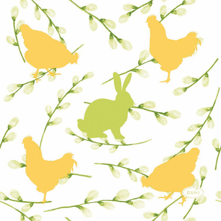 20x stuks Pasen servetten konijnen en hanen geel / groen 33 x 33 cm
