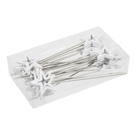 24x White open stars on wires 6 cm plastic