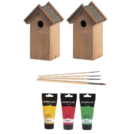 2x Wooden birdhouses 22 cm with 3x tubes of paint red/yellow/green
