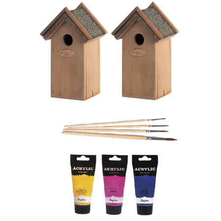 2x Wooden birdhouses 22 cm with 3x tubes of paint pink/yellow/blue