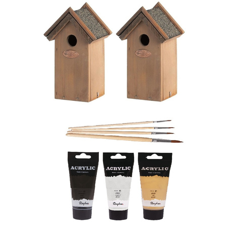 2x Wooden birdhouses 22 cm with 3x tubes of paint black/gold/silver
