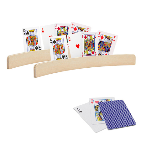 2x stuks Speelkaarthouders hout 35 cm inclusief 54 speelkaarten blauw