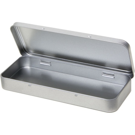 2x Silver writing utensils tin/storage box 8 x 18 cm