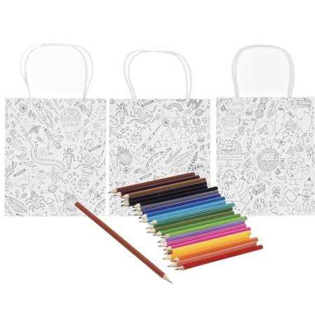 3x Knutsel papieren tasjes om in te kleuren incl. 24 potloden