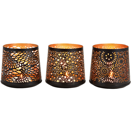 3x Tealights/candle holders set black/gold 13 cm
