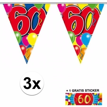 3 Gekleurde slingers 60 jaar met sticker