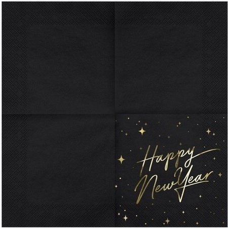 40x Nieuwjaar Happy New Year servetten zwart/goud 33 x 33 cm