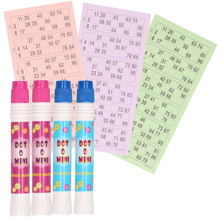4x Bingo markers in purple and blue and 100x bingo cards