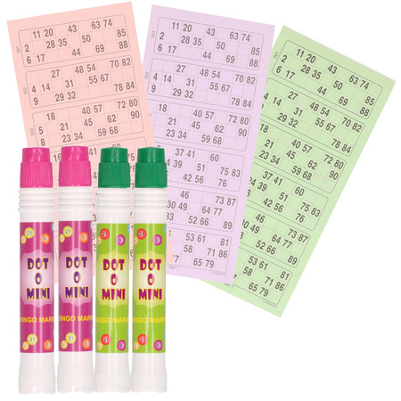 4x Bingo markers in purple and green and 100x bingo cards