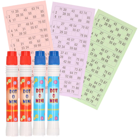 4x Bingo markers in red and blue and 100x bingo cards