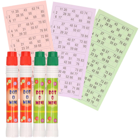 4x Bingo markers in red and green and 100x bingo cards