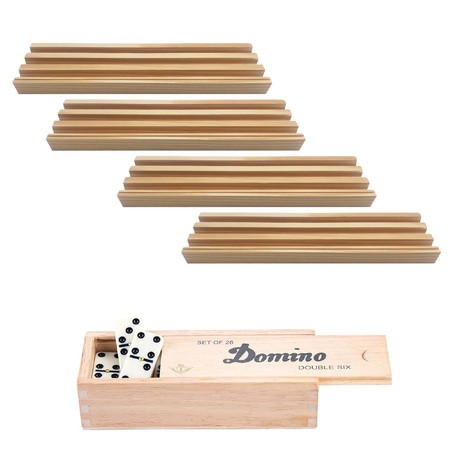 4x Dominostenenhouder met domino spel in houten doos 28x stenen