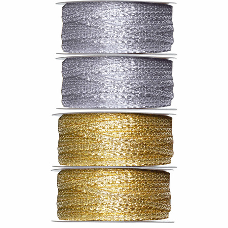 4x Hobby/decoration metallic silver and gold ribbons 3 mm x 25 meter