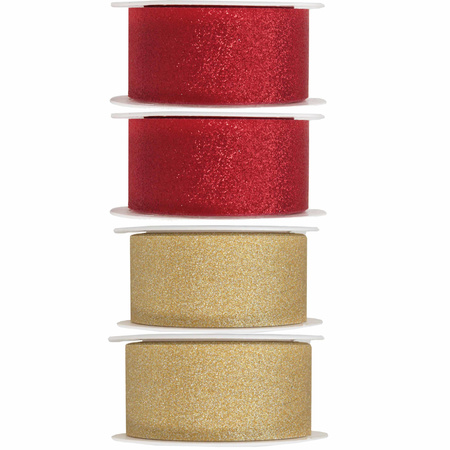 4x Hobby/decoration red and gold ribbons with glitters 3 cm/30 mm x 5 meter