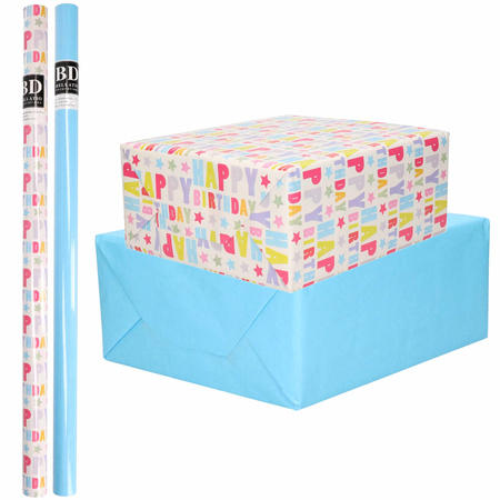 4x Rollen kraft inpakpapier happy birthday pakket - blauw 200 x 70 cm
