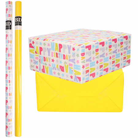 4x Rolls kraft wrapping paper happy birthday pack - yellow print 200 x 70 cm