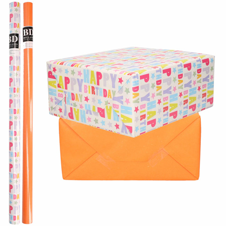 4x Rolls kraft wrapping paper happy birthday pack - orange print 200 x 70 cm