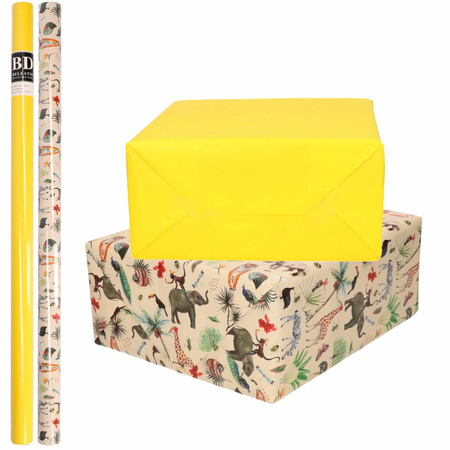 4x Rolls kraft wrapping paper jungle/wilderness pack - yellow/animal design 200 x 70 cm