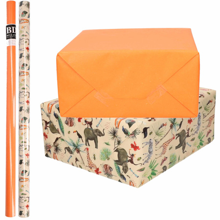 4x Rolls kraft wrapping paper jungle/wilderness pack - orange/animal design 200 x 70 cm
