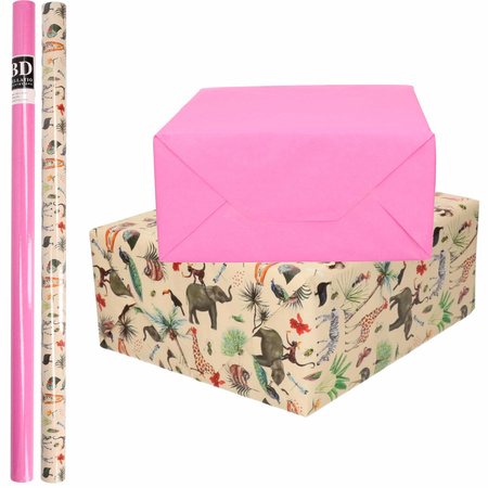 4x Rollen kraft inpakpapier jungle/oerwoud pakket - dieren/roze 200 x 70 cm