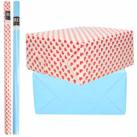 4x Rolls kraft wrapping paper red hearts pack - blue 200 x 70 cm