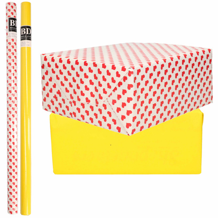4x Rolls kraft wrapping paper red hearts pack - yellow 200 x 70 cm