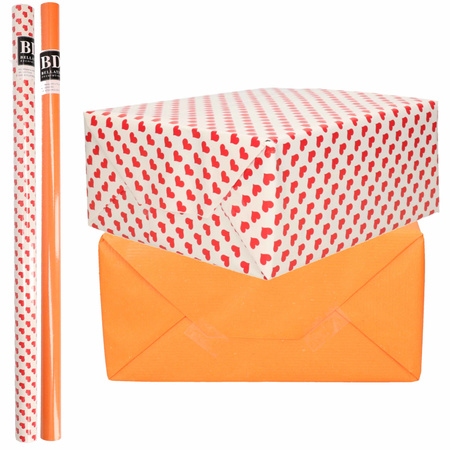 4x Rolls kraft wrapping paper red hearts pack - orange 200 x 70 cm