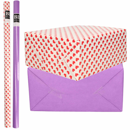 4x Rolls kraft wrapping paper red hearts pack - purple 200 x 70 cm